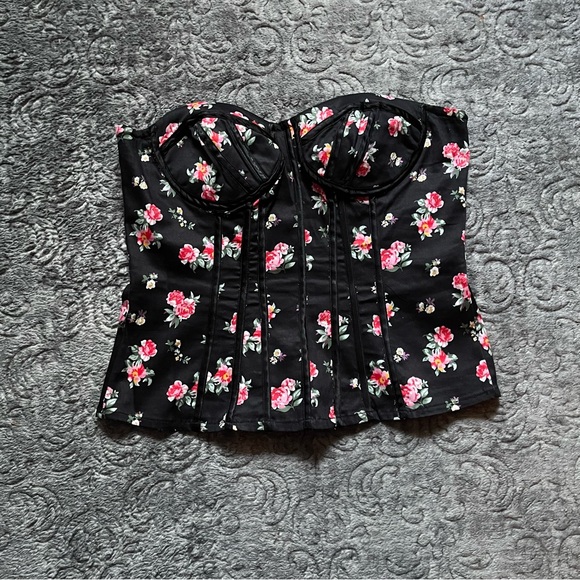 bebe Tops - BEBE Black and Pink Floral Strapless Top
